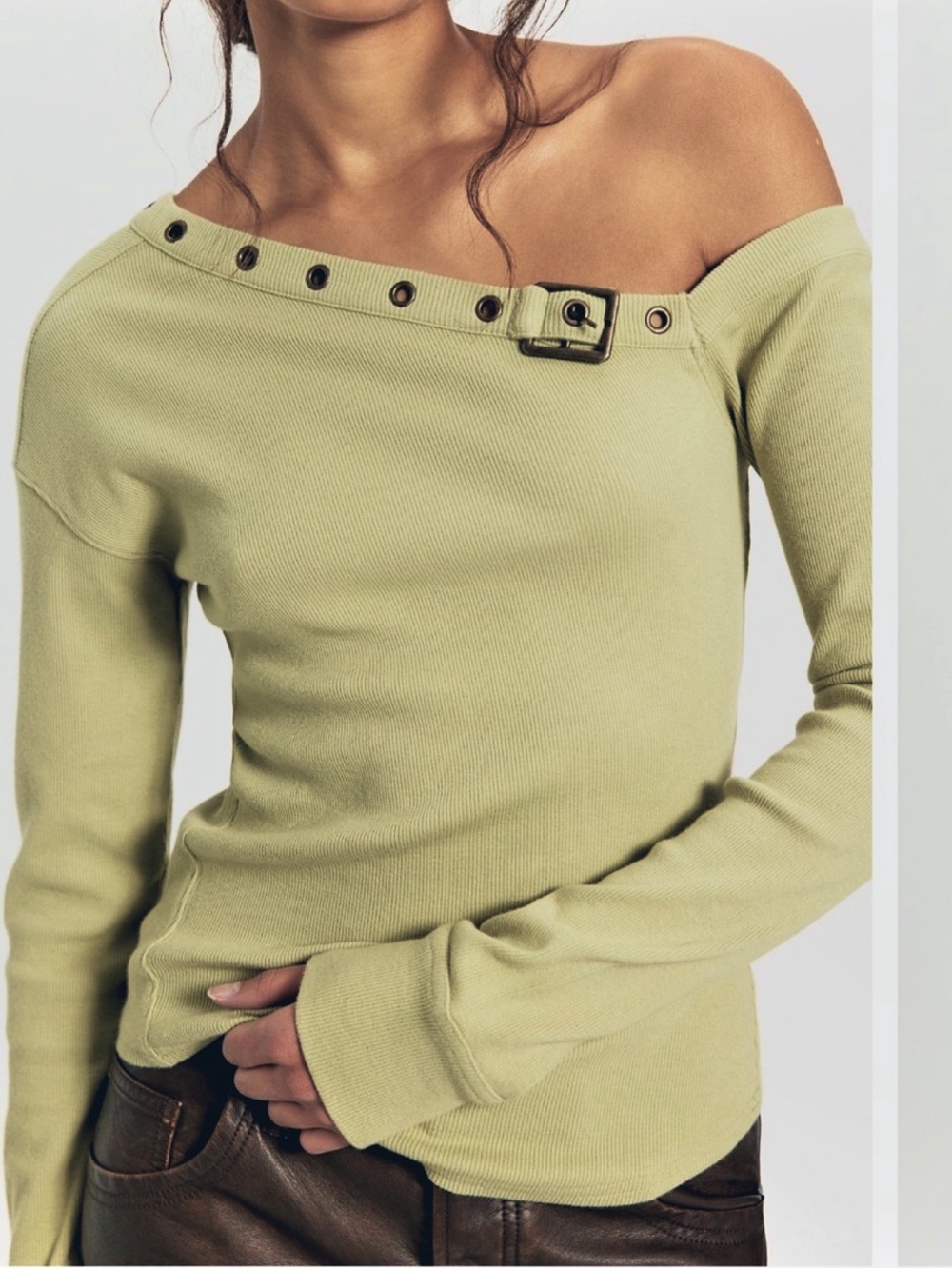 FREE PEOPLE AFTER DARK ONE OFF SHOULDER TOP LARGE PALE CHARTREUSE